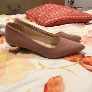 Pink suede low ball heel